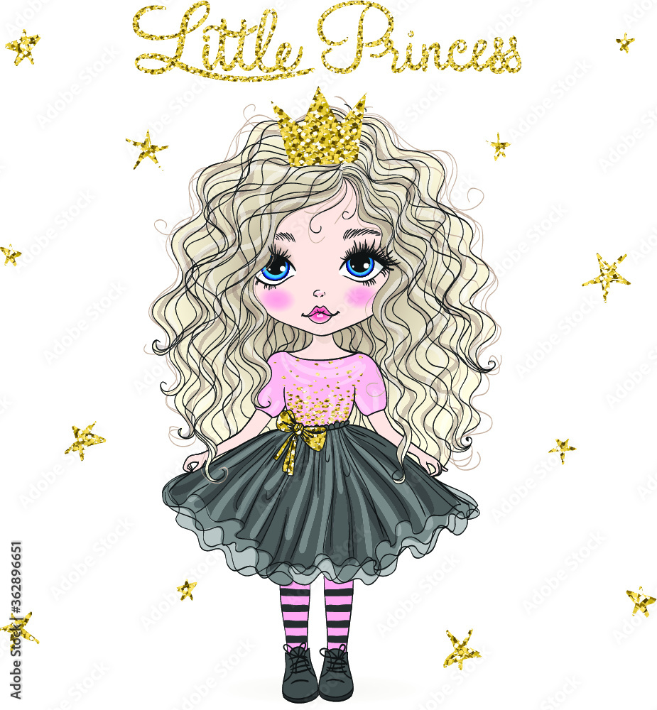 Hand drawn beautiful cute little princess girl with crown. Vector ...