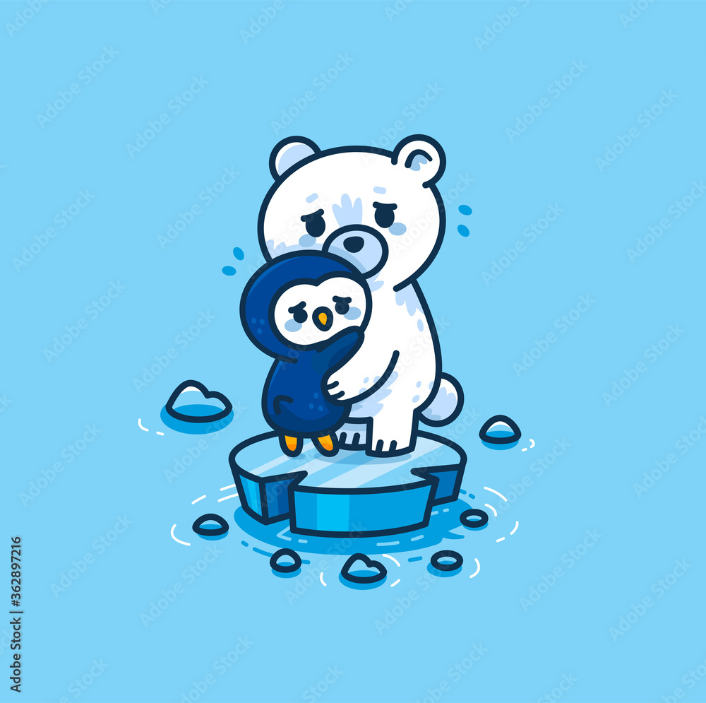 Fototapeta premium Polar Bear and Penguin Climate Change Illustration Concept