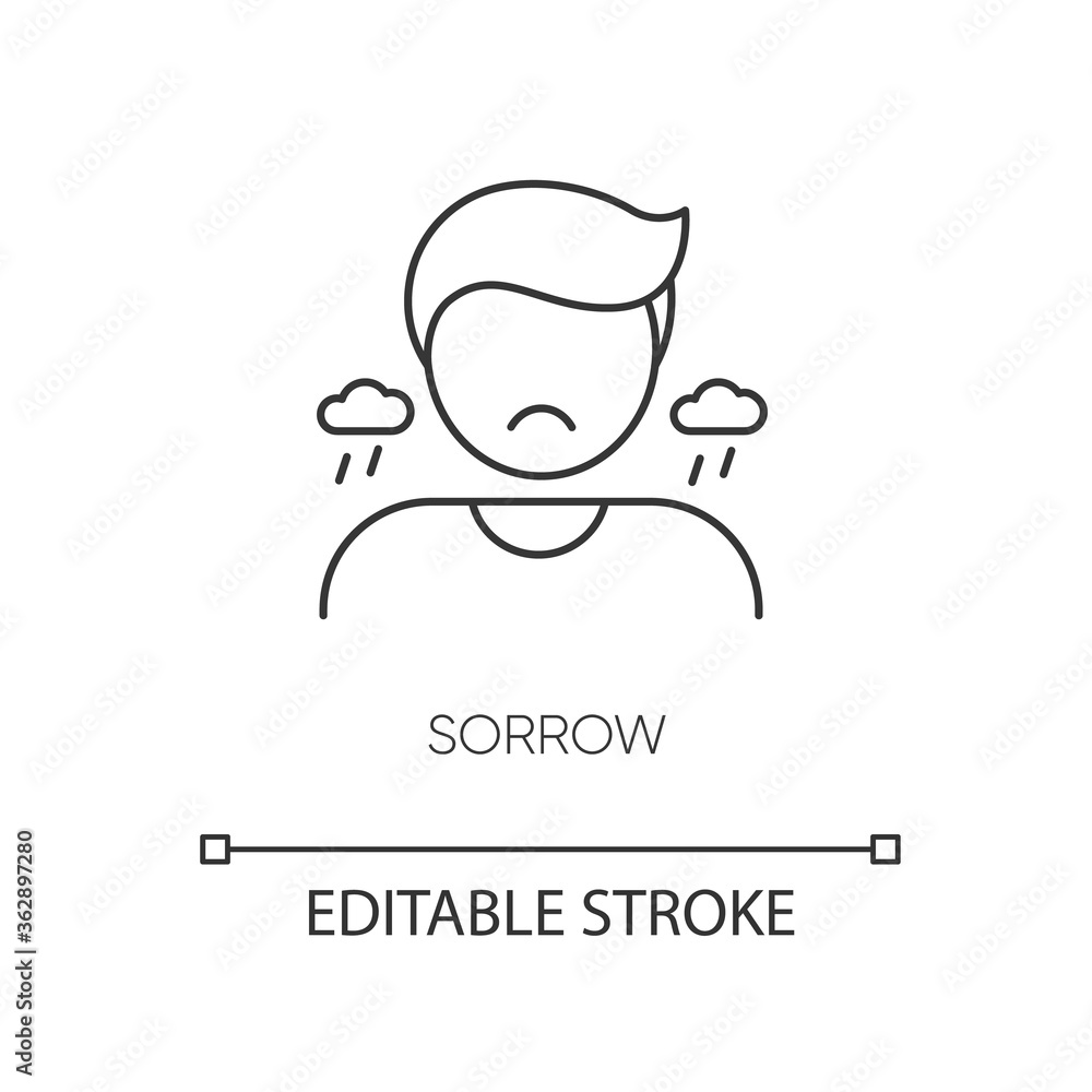 Sorrow pixel perfect linear icon. Sadness, grief and depression thin line customizable illustration. Contour symbol. Sorrowful, upset person vector isolated outline drawing. Editable stroke Sorrow pixel perfect linear icon. Sadness, grief and depression thin line customizable illustration. Contour symbol. Sorrowful, upset person vector isolated outline drawing. Editable stroke