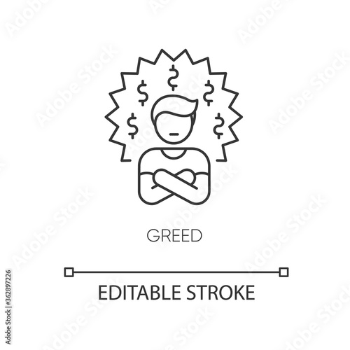 Greed pixel perfect linear icon. Bad personal trait, negative quality, thin line customizable illustration. Contour symbol. Greedy person vector isolated outline drawing. Editable stroke