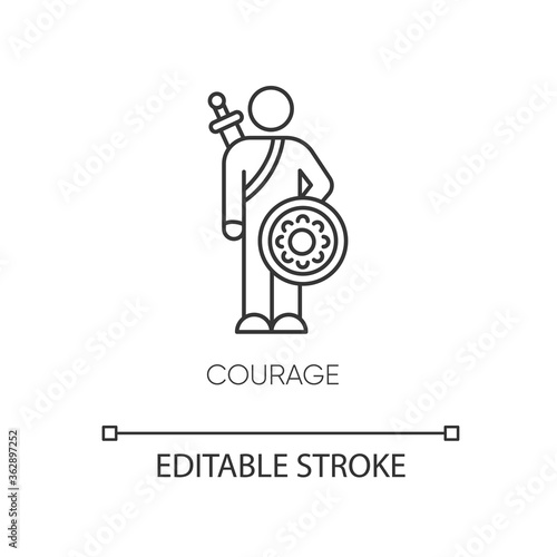 Courage pixel perfect linear icon. Feeling of bravery thin line customizable illustration. Contour symbol. Brave person, hero with sword and shield vector isolated outline drawing. Editable stroke