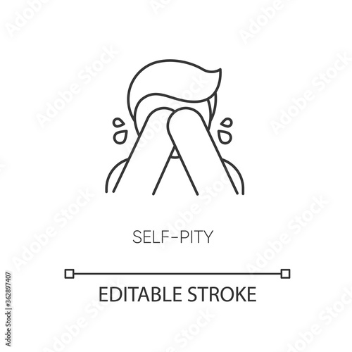 Self pity pixel perfect linear icon. Sad mental state, melancholy, depression thin line customizable illustration. Contour symbol. Crying person vector isolated outline drawing. Editable stroke