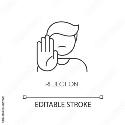 Rejection pixel perfect linear icon. Negative response, offer refusal. Thin line customizable illustration. Contour symbol. Person showing stop gesture vector isolated outline drawing. Editable stroke