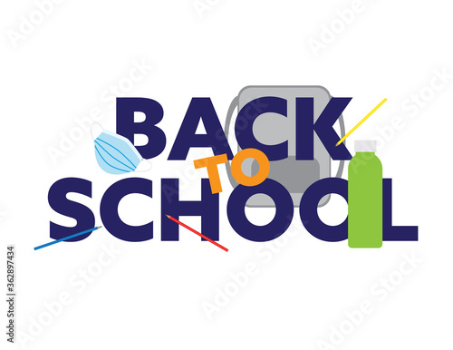 Blue and Orange back to school text with backpack, water bottle, pencils and face mask