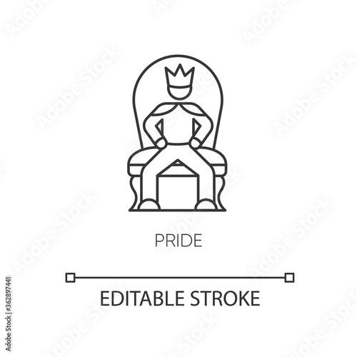 Pride pixel perfect linear icon. Arrogant behaviour thin line customizable illustration. Contour symbol. Proud person sitting on throne vector isolated outline drawing. Editable stroke