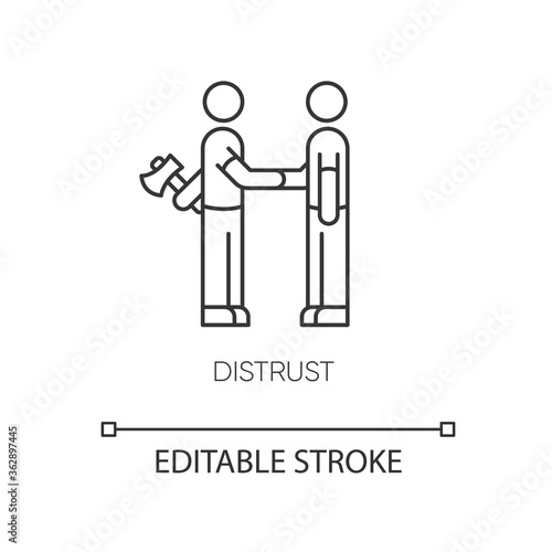 Distrust pixel perfect linear icon. Lack of trust, insecurity. Thin line customizable illustration. Contour symbol. Shaking hands with traitor vector isolated outline drawing. Editable stroke