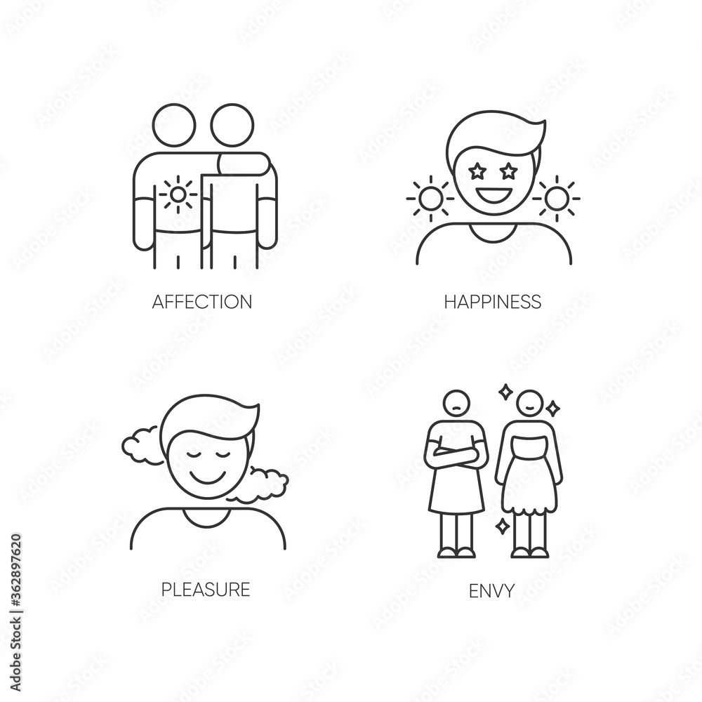 Positive and negative emotions pixel perfect linear icons set. Customizable thin line contour symbols. Affection, happiness, pleasure and envy. Isolated vector outline illustrations. Editable stroke