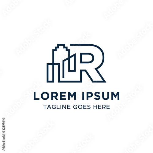 Initial letter R line building logo vector design template