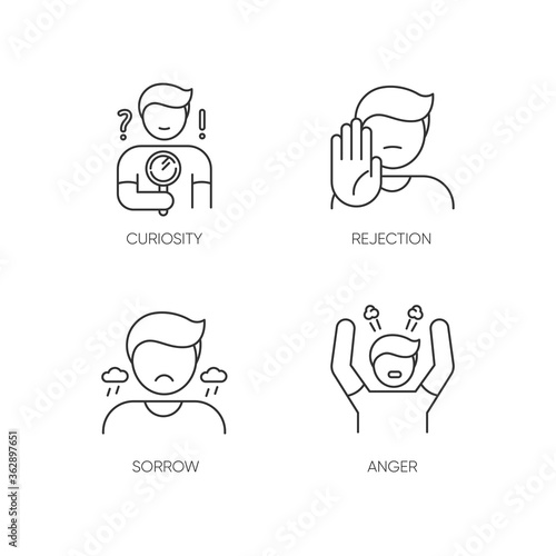 Mood and temperament pixel perfect linear icons set. Customizable thin line contour symbols. Curiosity, rejection, sorrow and anger. Isolated vector outline illustrations. Editable stroke