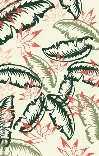 Red, green and dark green palm leaf pattern. Vintage design