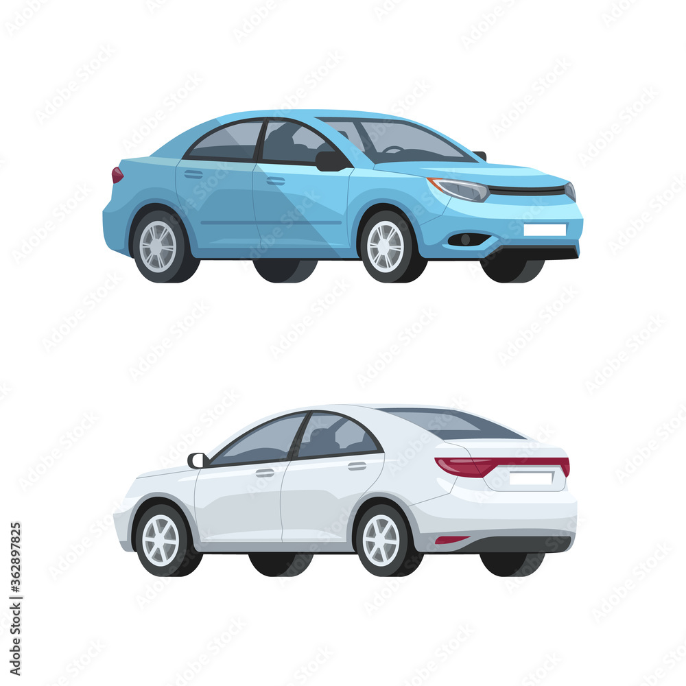 Elegant cars semi flat RGB color vector illustrations set. Luxury gray and blue automobiles. New vehicles side, front, back view. Urban transport means isolated cartoon items on white background