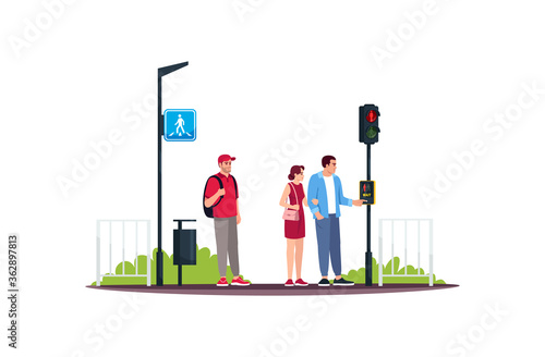 People at crosswalk with wait traffic button semi flat RGB color vector illustration. Safety and protection on roads. Pedestrian facilities. Isolated cartoon characters on white background