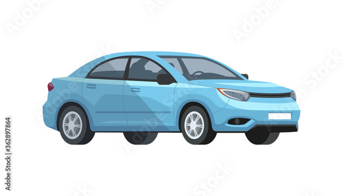 Blue car semi flat RGB color vector illustration. Skyblue beautiful  shiny automobile. Urban means of transport. Vehicle front  side view. Isolated cartoon character on white background