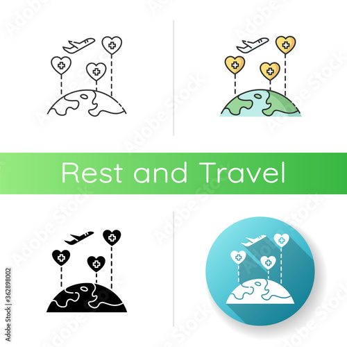 Medical tourism icon. Linear black and RGB color styles. International wellness tour. Visiting sanatorium and healthcare resorts. Health improving journey. Isolated vector illustrations