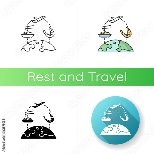 Food tourism icon. Linear black and RGB color styles. International culinary tours. Exploring international kitchen, traditional cuisine. World map with dishes isolated vector illustrations