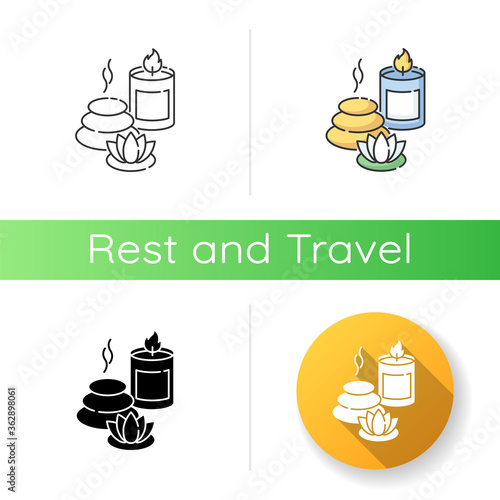 Spa resort icon. Linear black and RGB color styles. Wellness tourism, health sanatorium. Relaxation procedures. Spa stones, lotus flower and aroma candle isolated vector illustrations