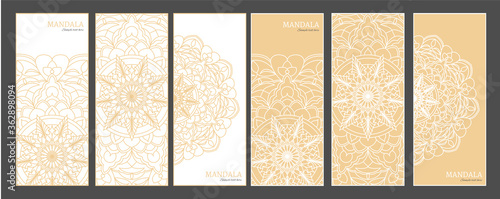 Gold mandala card set, collection of yoga cards. Hand drawn mandala design. Vector templates for printing posters, advertising banners, yoga studio and spa.