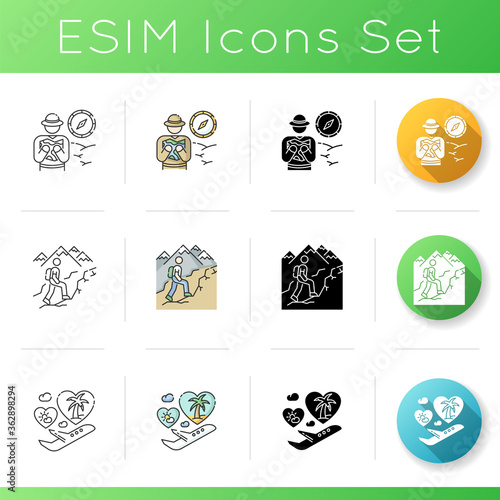 Travel and recreation icons set. Linear, black and RGB color styles. African savanna exploration, backpacking activity and romantic honeymoon journey. Isolated vector illustrations