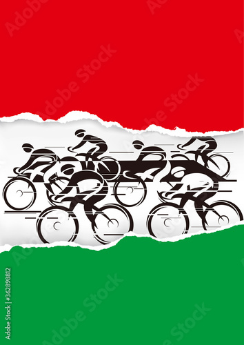Cyclists racers,on torn paper with italy flag colors . 
Illustration of group of cyclist in full speed. Vector available.