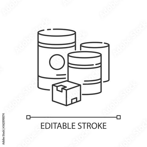 Raw materials pixel perfect linear icon. Natural resources, manufacturing thin line customizable illustration. Contour symbol. Box and barrels vector isolated outline drawing. Editable stroke