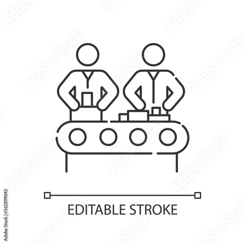 Assembly pixel perfect linear icon. Manufacturing process, human labor, production line thin line customizable illustration. Contour symbol. Vector isolated outline drawing. Editable stroke