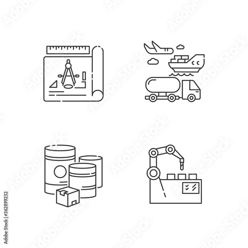 Industrial production pixel perfect linear icons set. Raw materials, drafting, automation and shipping customizable thin line contour symbols. Isolated vector outline illustrations. Editable stroke