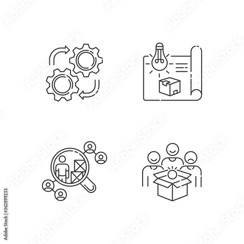 Industrial processes pixel perfect linear icons set. Product concept, prototype, vendor selection customizable thin line contour symbols. Isolated vector outline illustrations. Editable stroke