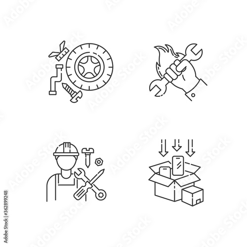 Industrial work pixel perfect linear icons set. Spare parts, human labor, product packaging customizable thin line contour symbols. Isolated vector outline illustrations. Editable stroke