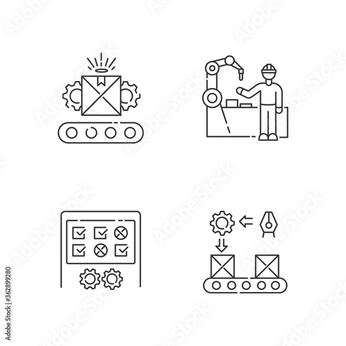 Continuous production flow pixel perfect linear icons set. Training, custom manufacturing and testing customizable thin line contour symbols. Isolated vector outline illustrations. Editable stroke