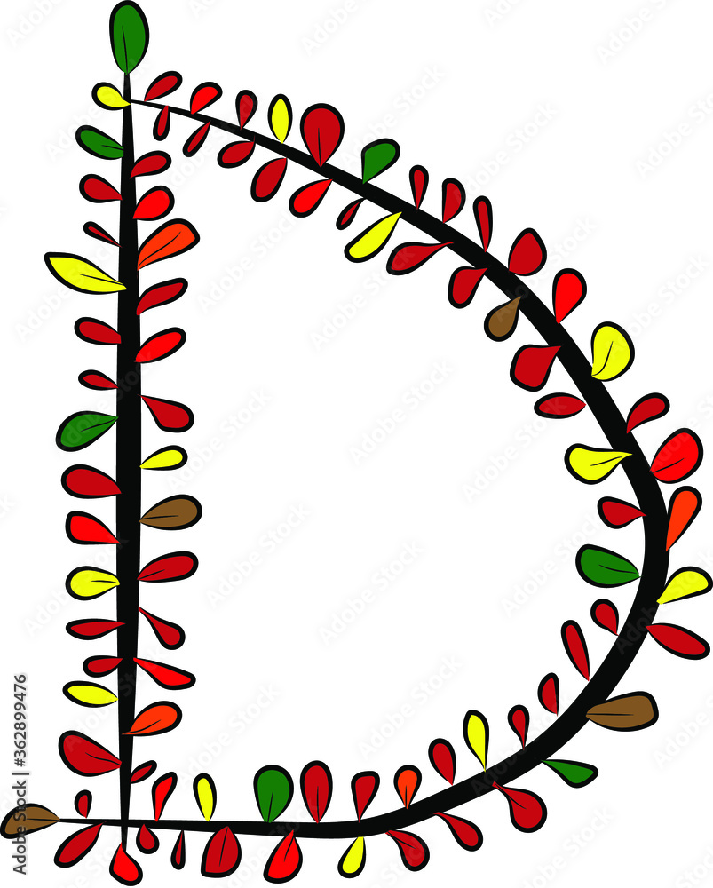 Colorful autumn Latin alphabet. The letter D is drawn by hand with a brush. Black branches and red, green, orange, yellow leaves. Foliage of a Bush. Vector image. Calligraphy and lettering.Eco, nature