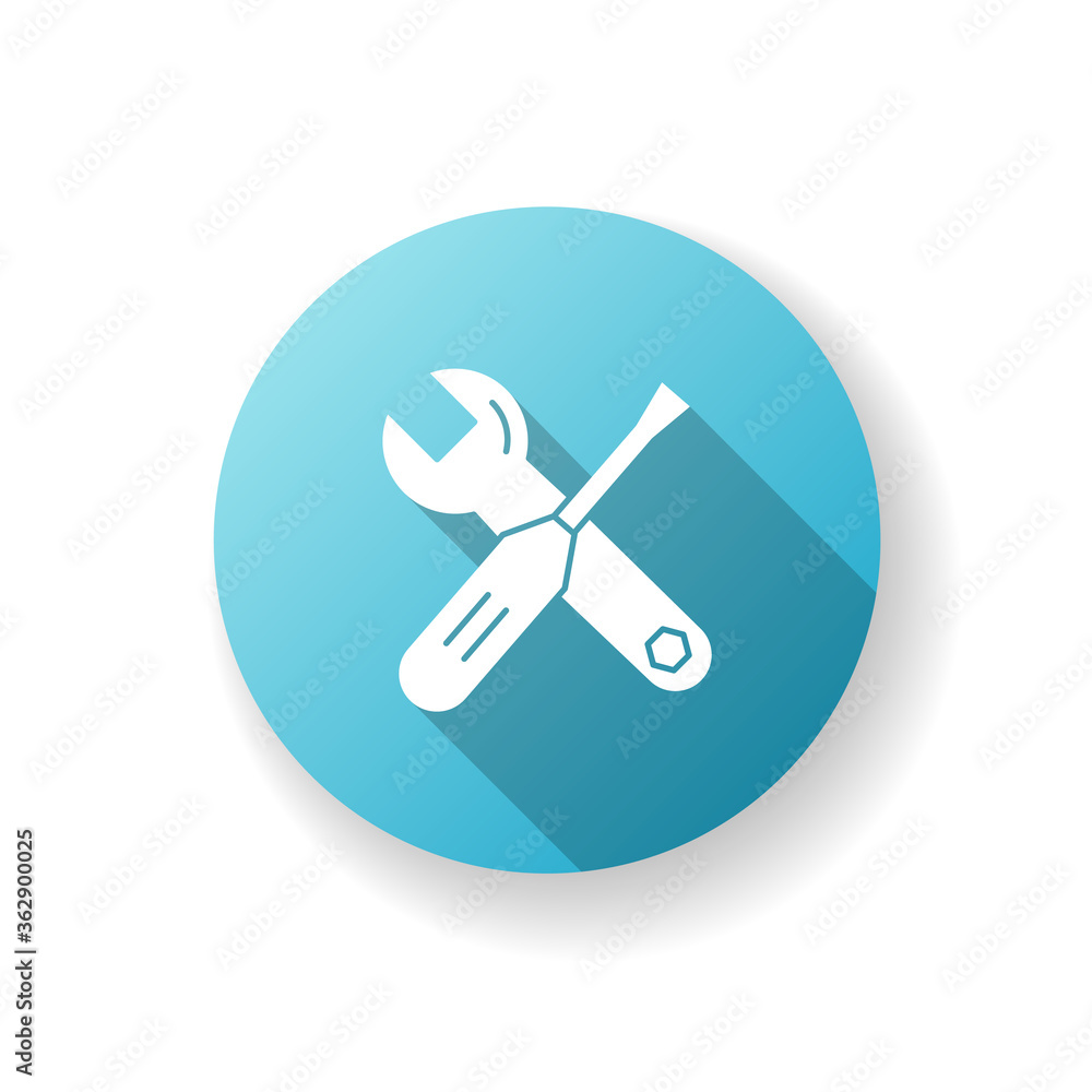 Tools blue flat design long shadow glyph icon. Wrench and screwdriver for handyman. Work with toolkit. Instrument for mechanic service. Repair service. Silhouette RGB color illustration Tools blue flat design long shadow glyph icon. Wrench and screwdriver for handyman. Work with toolkit. Instrument for mechanic service. Repair service. Silhouette RGB color illustration