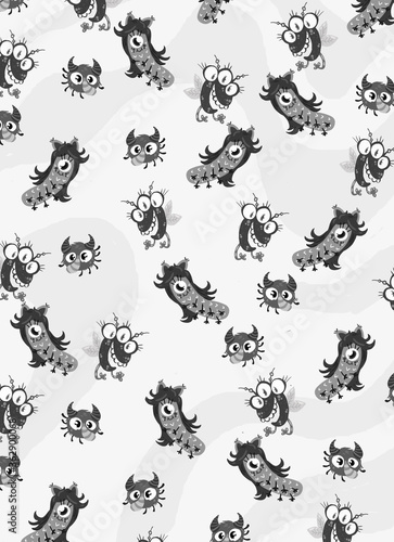 Background monochrome illustration pattern with cartoony doddles and charecters space kosmo rockets and ufo aliensBackground monochrome illustration pattern with cartoony doddles and charecters space 