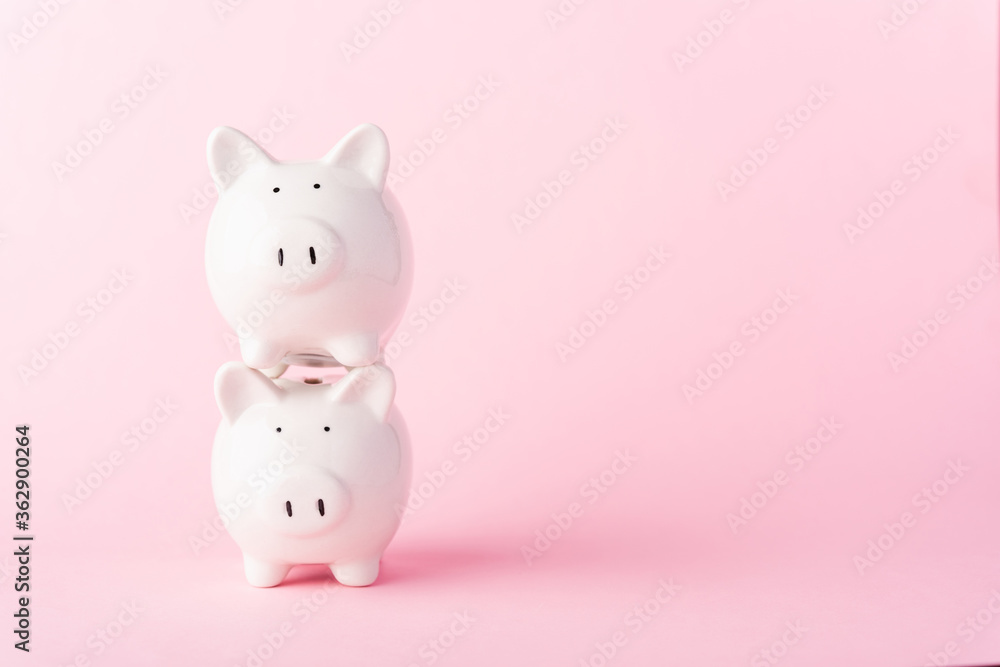 International Friendship Day, Front stack two small white fat piggy bank, studio shot isolated on pink background and copy space for use, Finance, deposit saving money concept