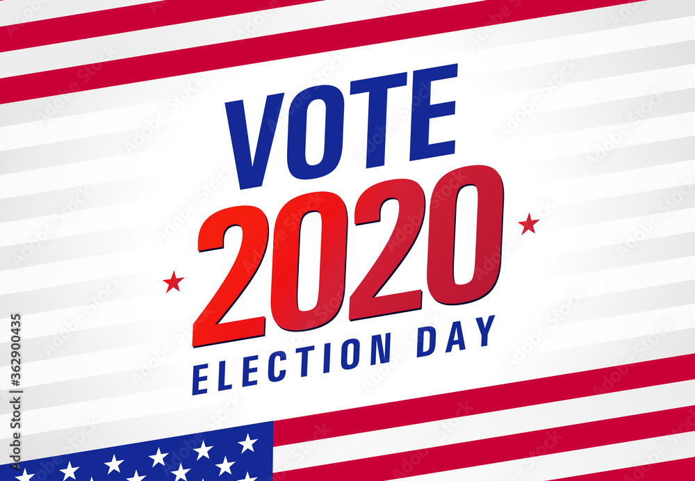 Vote 2020 in USA, light stripes banner design. American patriotic background election day. Usa debate of president voting. Election voting poster or flyer vector template