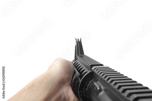 M4 assault rifle weapon in first person view isolated on white background photo