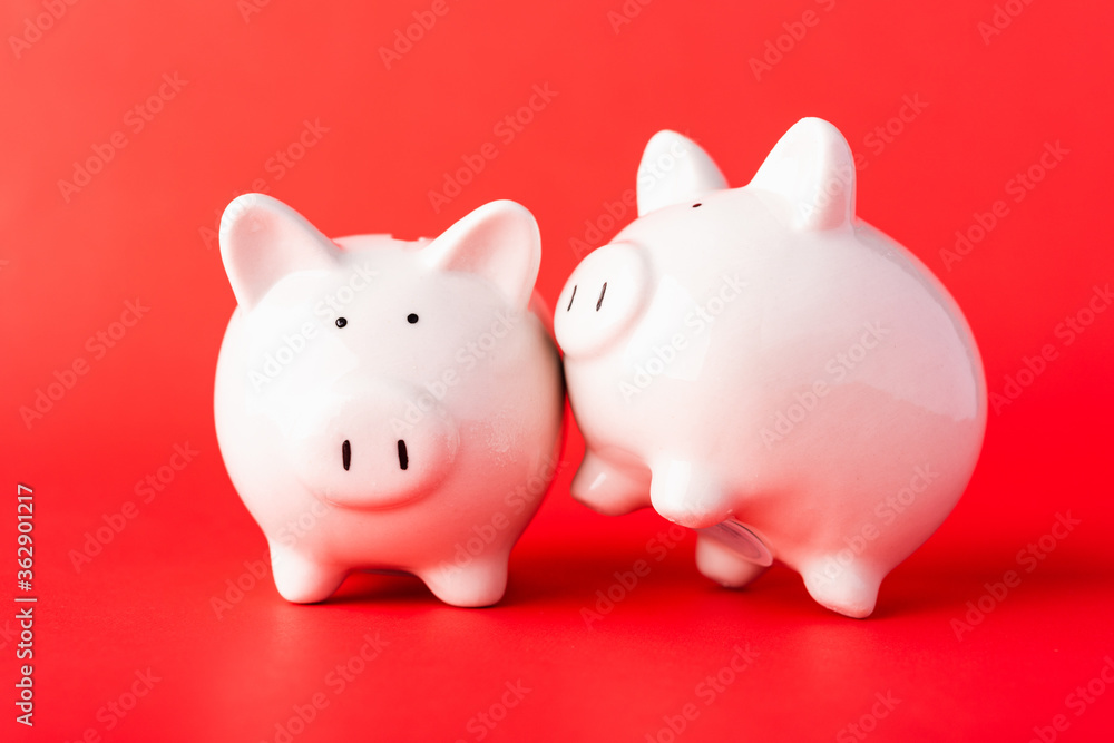 International Friendship Day, Front two small white fat piggy bank, studio shot isolated on red background and copy space for use, Finance, deposit saving money concept International Friendship Day, Front two small white fat piggy bank, studio shot isolated on red background and copy space for use, Finance, deposit saving money concept