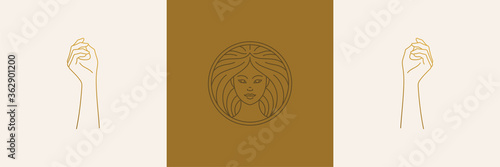 Vector line feminine decoration design elements set - female face and gesture hands illustrations minimal linear style