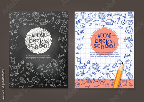 Welcome back to school background, with hand drawn doodle elements and realistic pencil. Vector template for flyer or poster, brochure design. 