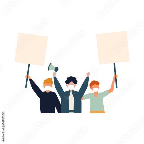 Men with medical masks banners boards and megaphone vector design