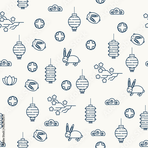Seamless pattern for the Mid autumn festival  with moon rabbits and other festival symbols. Stylish Vector design.