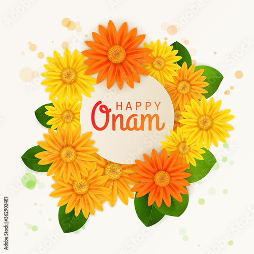 Happy Onam! Flower greetings for South Indian Festival Onam. Vector illustration