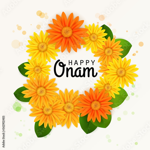 Happy Onam! Flower greetings for South Indian Festival Onam. Vector illustration