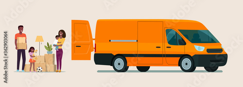 Afro american man, woman  and girl hold boxes. Moving house. Cargo van with open door.  Vector flat style illustration.