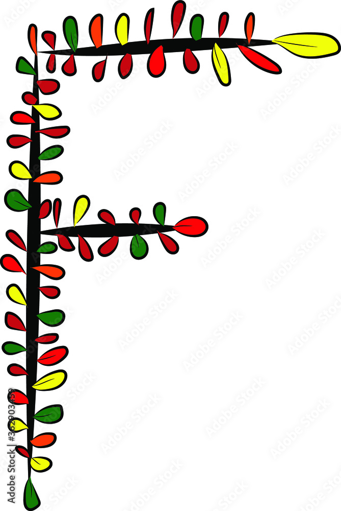 Colorful autumn Latin alphabet. The letter F is drawn by hand with a brush. Black branches and red, green, orange, yellow leaves. Foliage of a Bush. Vector image. Calligraphy and lettering.Eco, nature