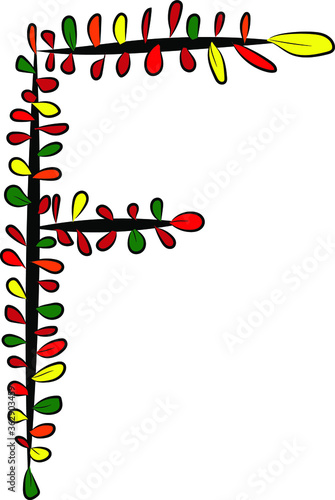 Obraz na płótnie Colorful autumn Latin alphabet. The letter F is drawn by hand with a brush. Black branches and red, green, orange, yellow leaves. Foliage of a Bush. Vector image. Calligraphy and lettering.Eco, nature w salonie