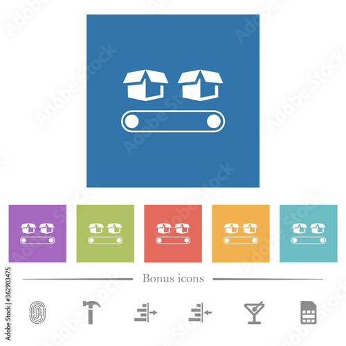 Conveyor with boxes flat white icons in square backgrounds photo