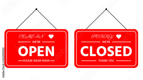 come in we're open please wear mask sign and sorry we're closed sign on signboard with rope for business, online shopping, vector illustration design, isolate on white background, flat icon,door sign