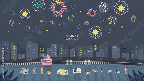Crowd of people watching fireworks displaying in dark evening sky and celebrating holiday against city buildings. Festival celebration
