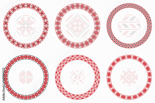 Slavic geometric round patterns set. Borders, frames. Vector illustration of round Slavic embroidery ornament elements with seamless pattern brushes