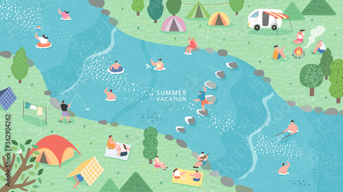 Illustration vector campsites spectacular natural located along the river. spend summer weekend outdoors.
